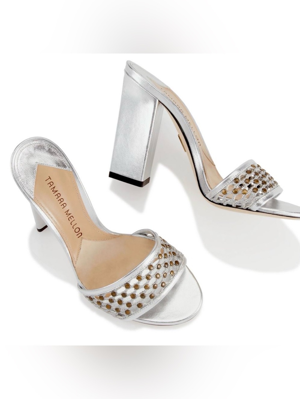 NEW Tamara Mellon Argento Metallic Crochet Biba Mules 105mm Heels8.5